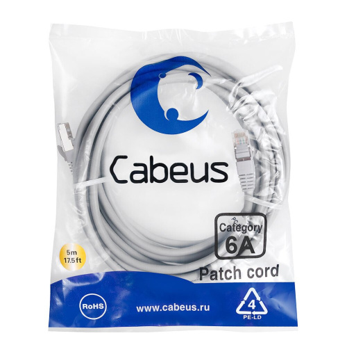 Патч-корд Cabeus (PC-SSTP-RJ45-Cat.6a-5m-LSZH) S/FTP, категория 6а (10G), 2xRJ45/8p8c, экранированный, серый, LSZH, 5м