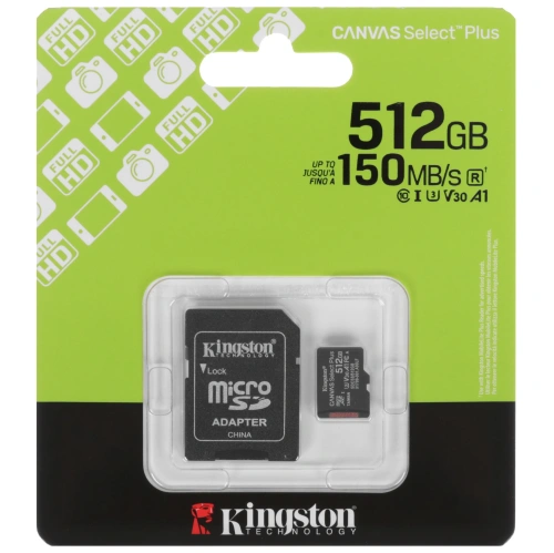 Карта памяти Kingston Canvas Select Plus SDCS3/512GB microSDXC 512GB V30 A1 + adapter
