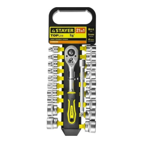 Набор торцовых головок Stayer Standard 27752-H21 3/8" на пластиковом рельсе/трещотка/удлинитель/6-24мм/21 предмет