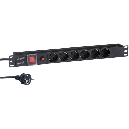 Блок розеток ExeGate ServerPro PDU-19H606 Al-6S-EU2CU-SW-O (EX280831RUS) 19", 1U, Алюминий, 6 Schuko, кабель с евровилкой VDE-250V-16A-3*1.5mm2