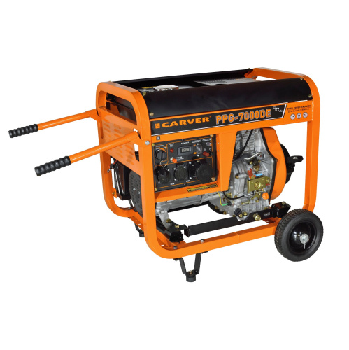 Генератор CARVER PPG-7000DE (01.020.00023) дизель (LT-186FA, 5,0/5,5кВт, 220В, бак12.5л, э/старт, колеса, медь)