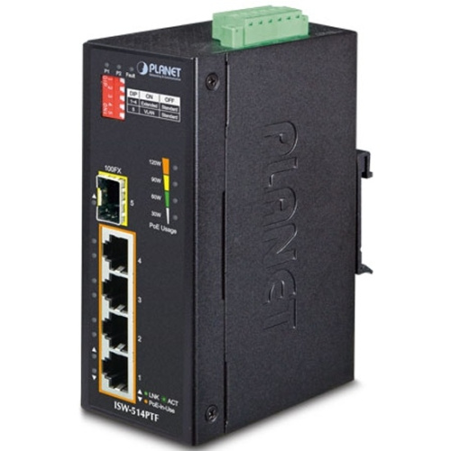 Коммутатор PLANET ISW-514PTF IP30 4-Port/TP + 1-Port Fiber(SFP)
