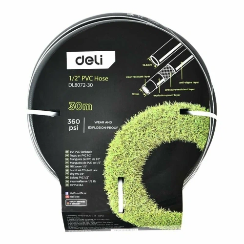 Шланг поливочный армированный Deli DL8072-30 30 метров, 1/2", 4 слоя, давление до 25 бар, серый