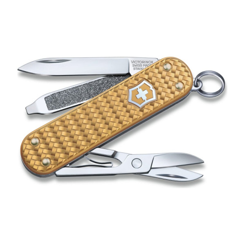 Нож-брелок Victorinox Classic SD Precious Alox 0.6221.408G 58мм, 5 функций, Brass Gold (подар. упаковка)