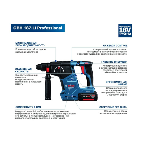 Перфоратор Bosch GBH 187-LI (611923022) патрон:SDS-plus уд. 2.4Дж аккум. кейс