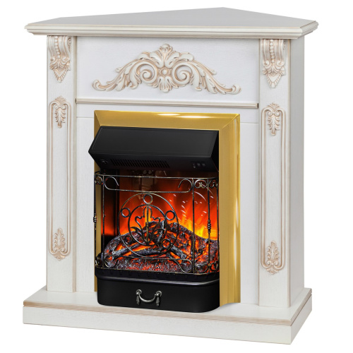 Электрокамин RealFlame Anita Corner WT дуб белый с золотой патиной с очагом Majestic Lux Brass