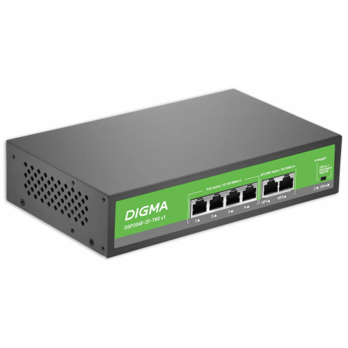 Коммутатор неуправляемый Digma DSP204F-2F-T80 V1 (L2) 6x100Мбит/с 4PoE 4PoE+ 80W