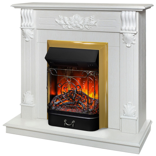 Электрокамин RealFlame Ottawa WT белое золото с очагом Majestic Lux Brass
