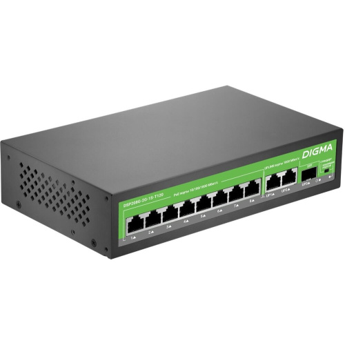Коммутатор неуправляемый Digma DSP208G-2G-1S-T120 (L2) 10x1Гбит/с 1SFP 8PoE 8PoE+ 120W